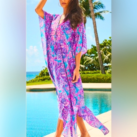 NWT LILLY PULITZER ROSSI CAFTAN/COVER TURQUOISE OASIS SHELLEIDOSCOPE - Picture 1 of 9